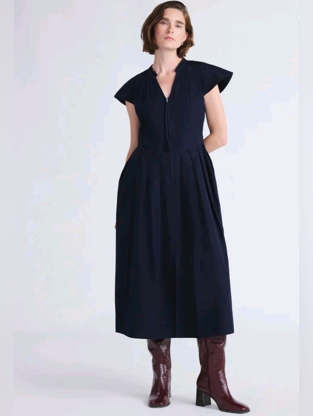 NWT Free Assembly Women's Zip Front Cotton Dress with Flutter Navy Size S